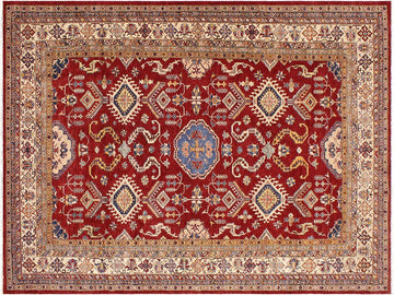 handmade Geometric Super Kazak Red Beige Hand Knotted RECTANGLE 100% WOOL area rug 9x12